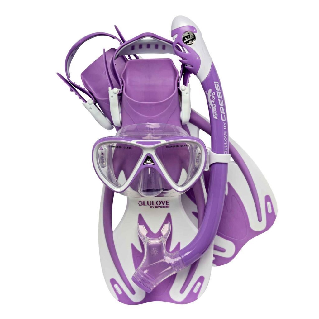 Cressi Rocks Dry jr mask, snorkel och Fenor med öppen häl Blue